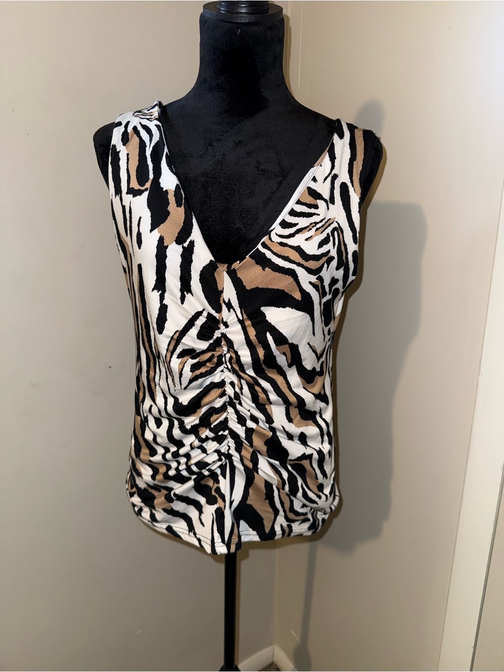 Willow Zebra-Print Ruched V-Neck Tank Top - White/Tan/Black